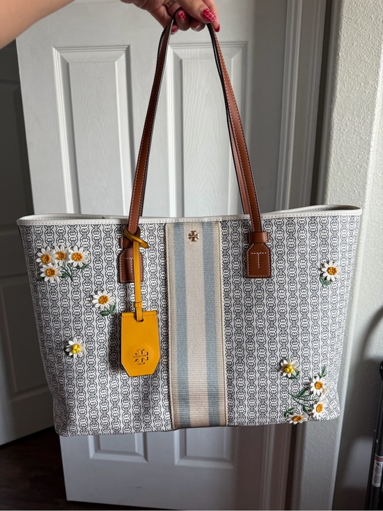 Tory Burch Handbags - Tory Burch Tote Bag with Daisy Embroidery & Brown Leather Handles